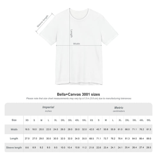 Bella+Canvas 3001 unisex T-shirt size chart for Fire & Sunshine graphic tee