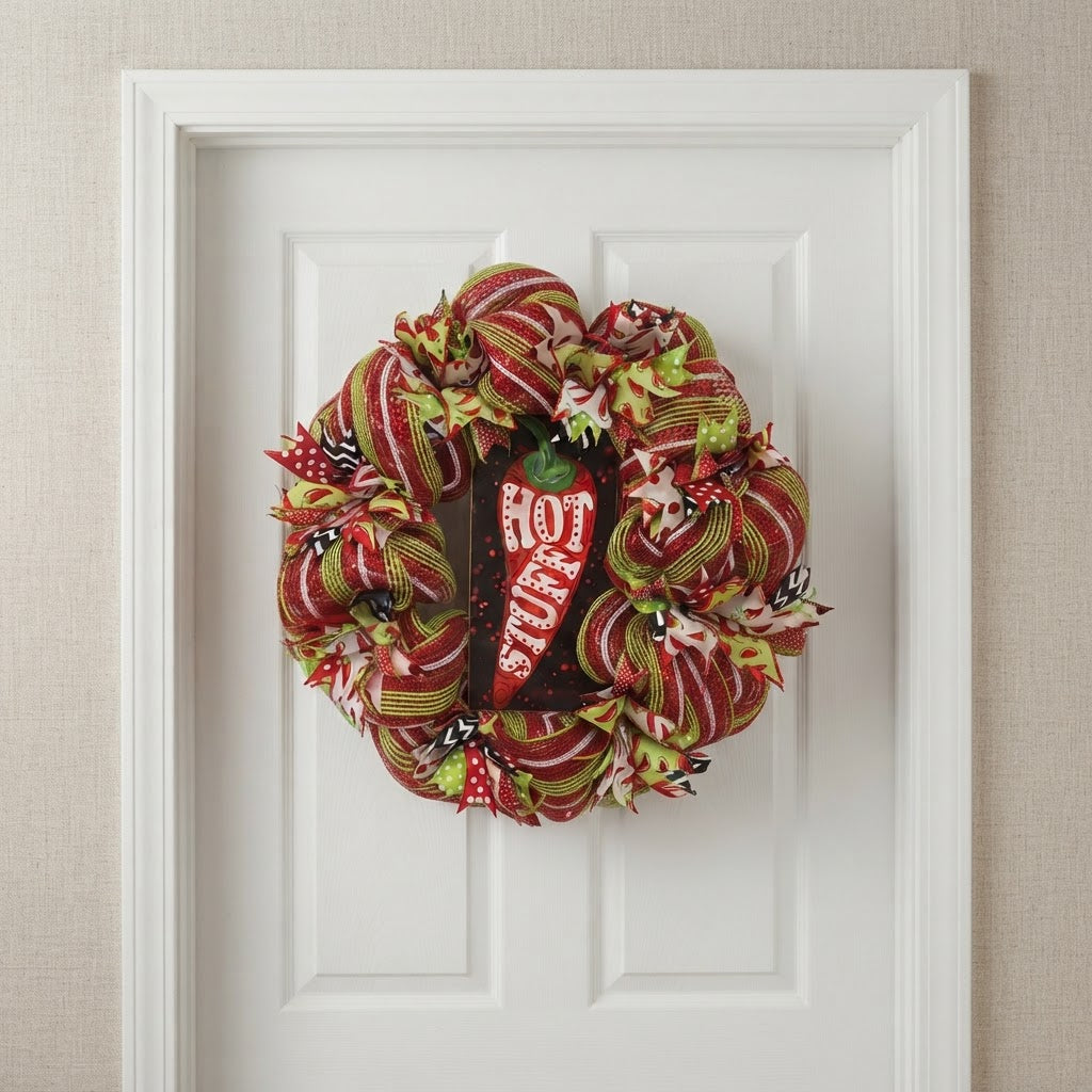 Full view of handmade chili pepper deco mesh wreath