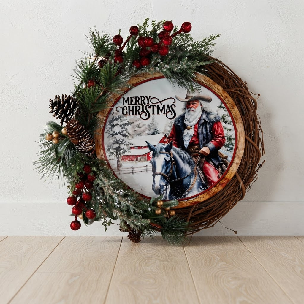 Western Christmas grapevine wreath displayed against neutral wall