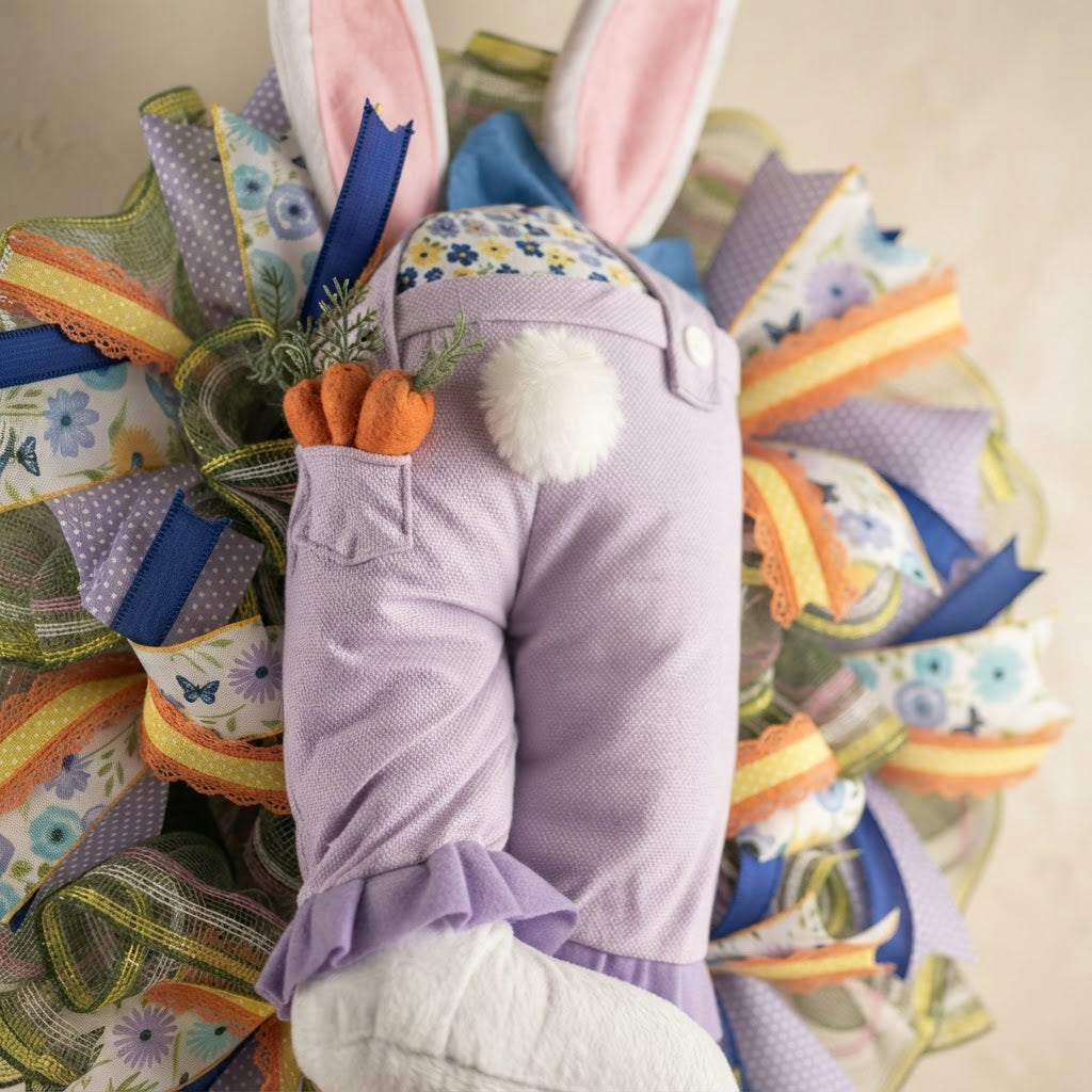 Side view of a handmade Easter mesh wreath showing premium ribbon layers, plush bunny accents, and full wreath depth.