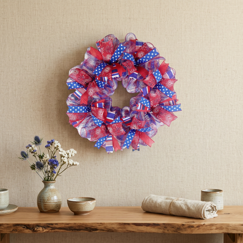 24" Handmade Patriotic Wreath – Red, White & Blue Front Door Decor