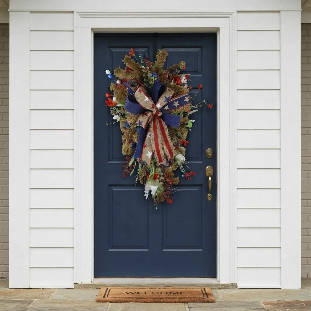 Rustic Patriotic Teardrop Door Swag with Designer Bow | Red White & Blue Front Door Decor