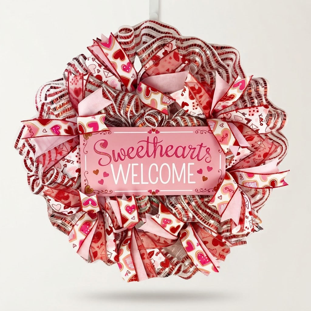 Sweethearts Welcome Valentine’s Day Mesh Wreath | Pink & Red Front Door Wreath