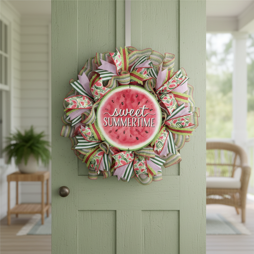 Handmade watermelon wreath displayed on sage green door