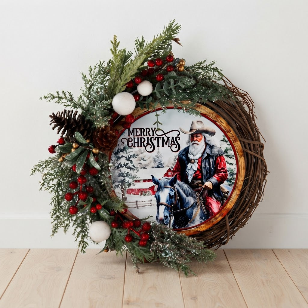 Western Christmas grapevine wreath with frosted greenery red berries and snowballs
