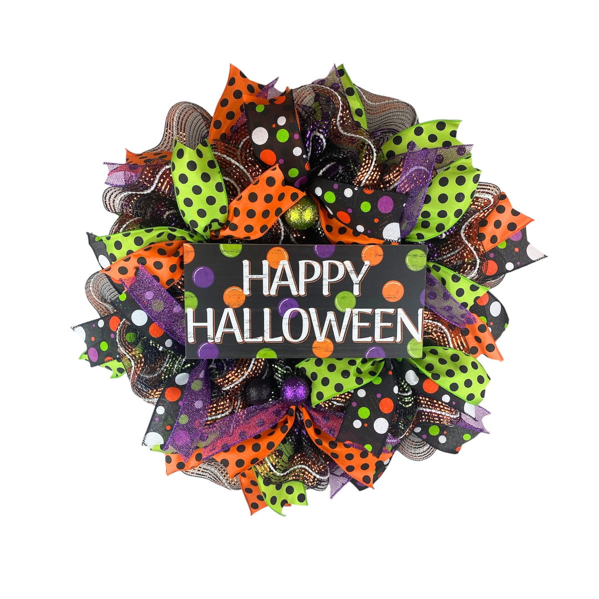 Happy Halloween handmade mesh wreath with colorful orange, purple, green, and black polka dot ribbons on white background