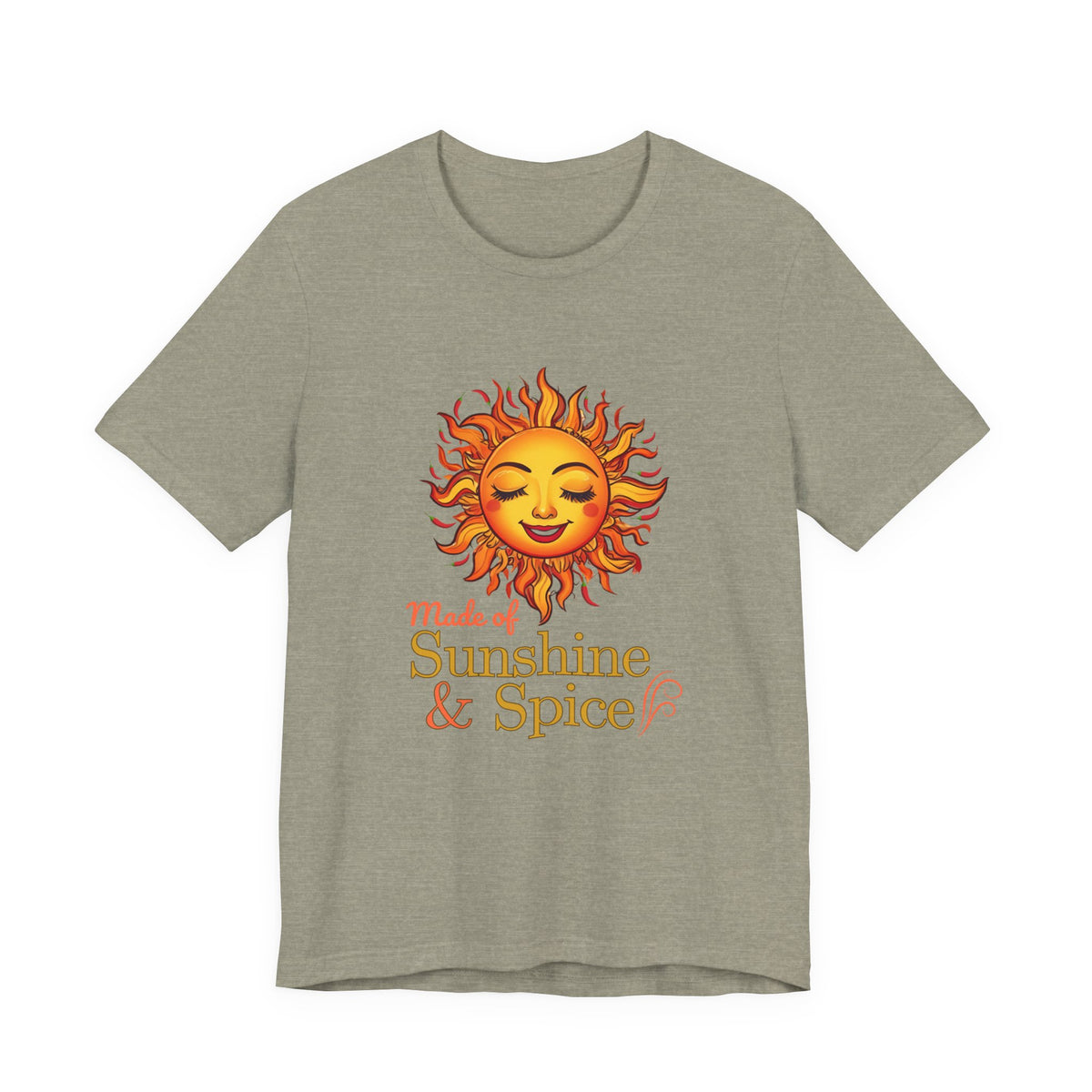 Fire & Sunshine unisex graphic T-shirt in Heather Olive with fiery sun and chili pepper design