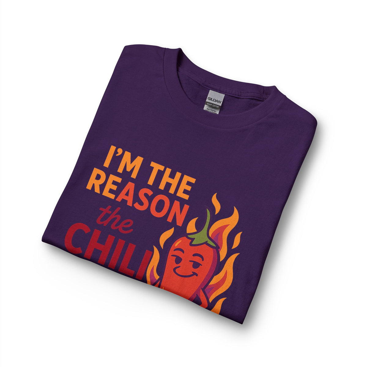 Folded purple I'm the Reason the Chili Is Hot long sleeve shirt with chili pepper graphic