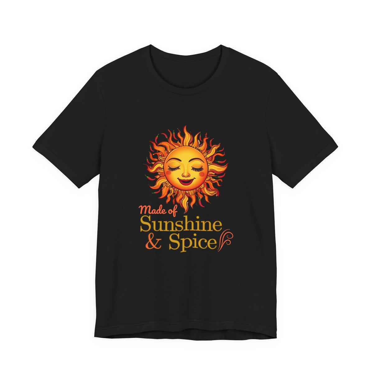 Fire & Sunshine unisex graphic T-shirt in black with fiery sun and chili pepper design