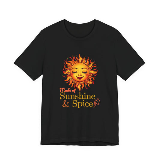 Fire & Sunshine unisex graphic T-shirt in black with fiery sun and chili pepper design