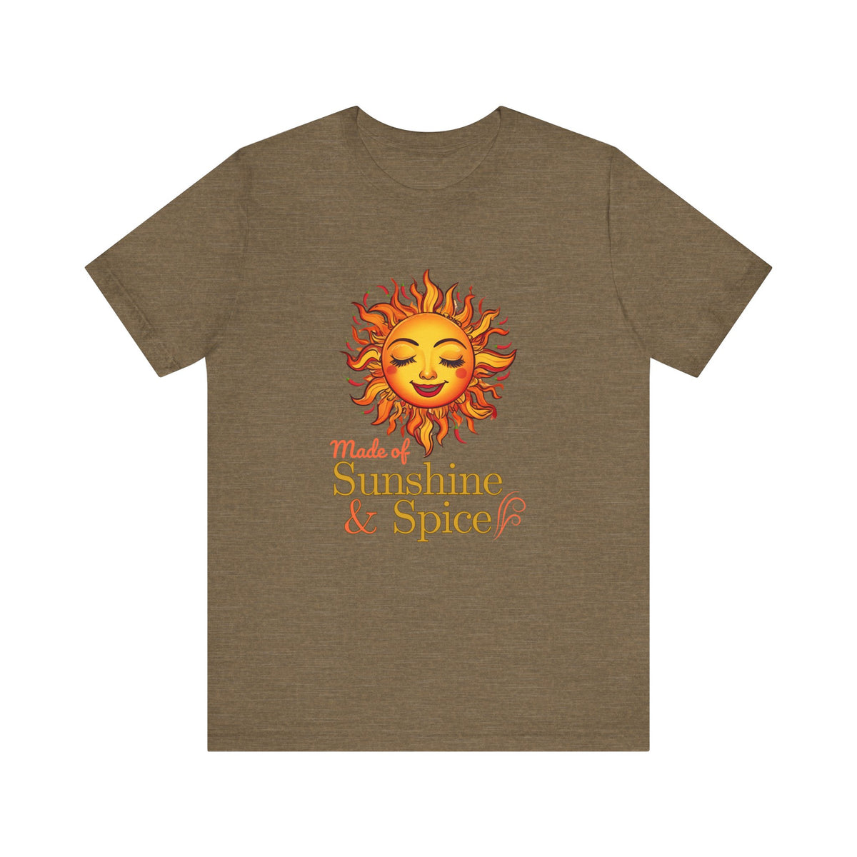 Fire & Sunshine unisex graphic T-shirt in Heather Brown with fiery sun and chili pepper design