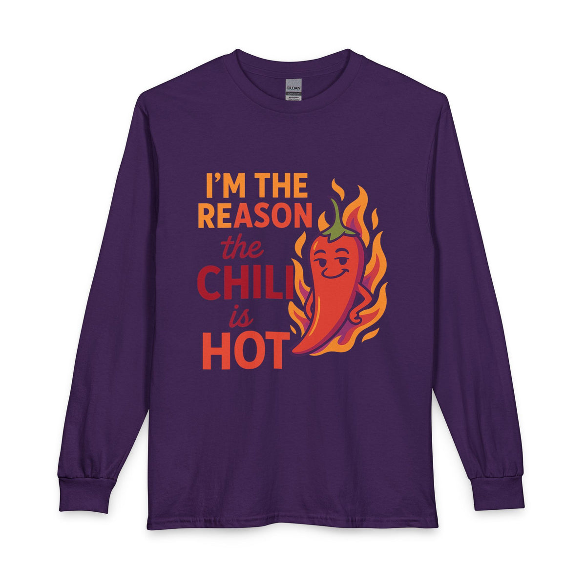 I'm the Reason the Chili Is Hot purple long sleeve shirt with colorful chili pepper design