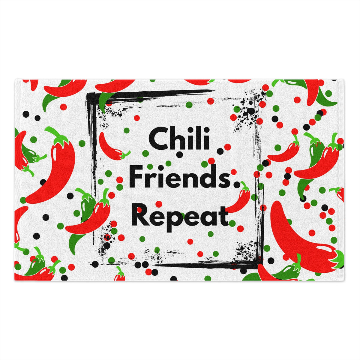 Chili Friends Repeat kitchen towel with red chili peppers and red, green and black accents