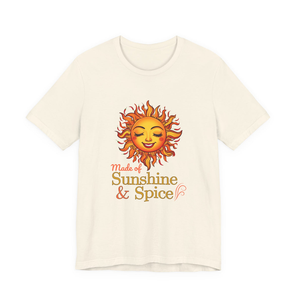 Fire & Sunshine unisex graphic T-shirt in Natural with fiery sun and chili pepper design