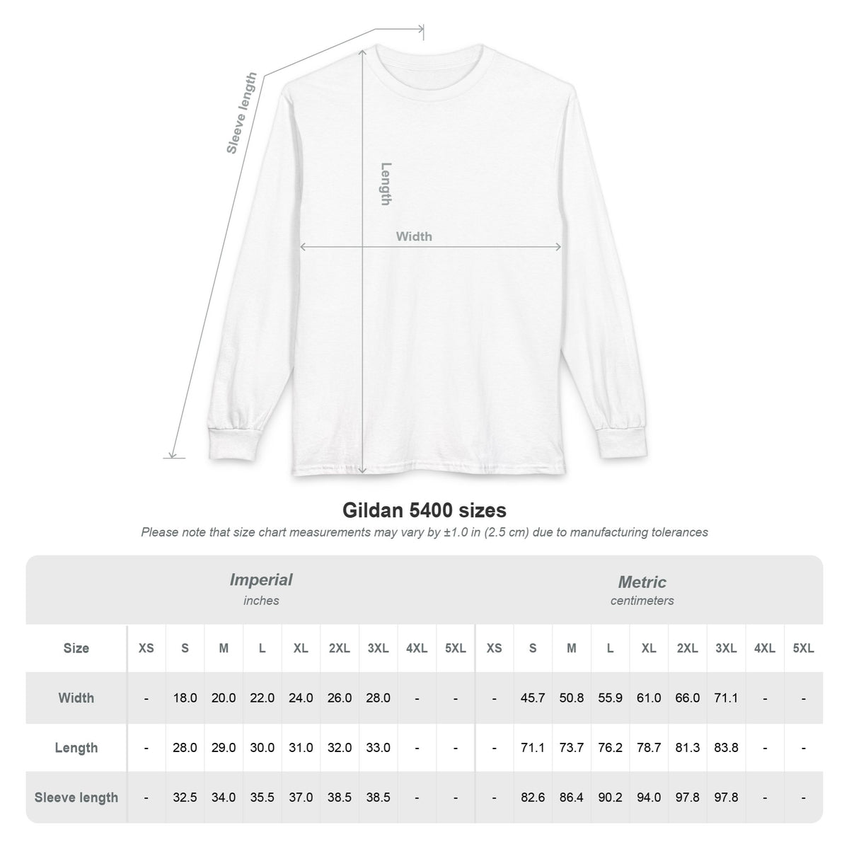 Gildan 5400 unisex long sleeve shirt size chart S through 3XL