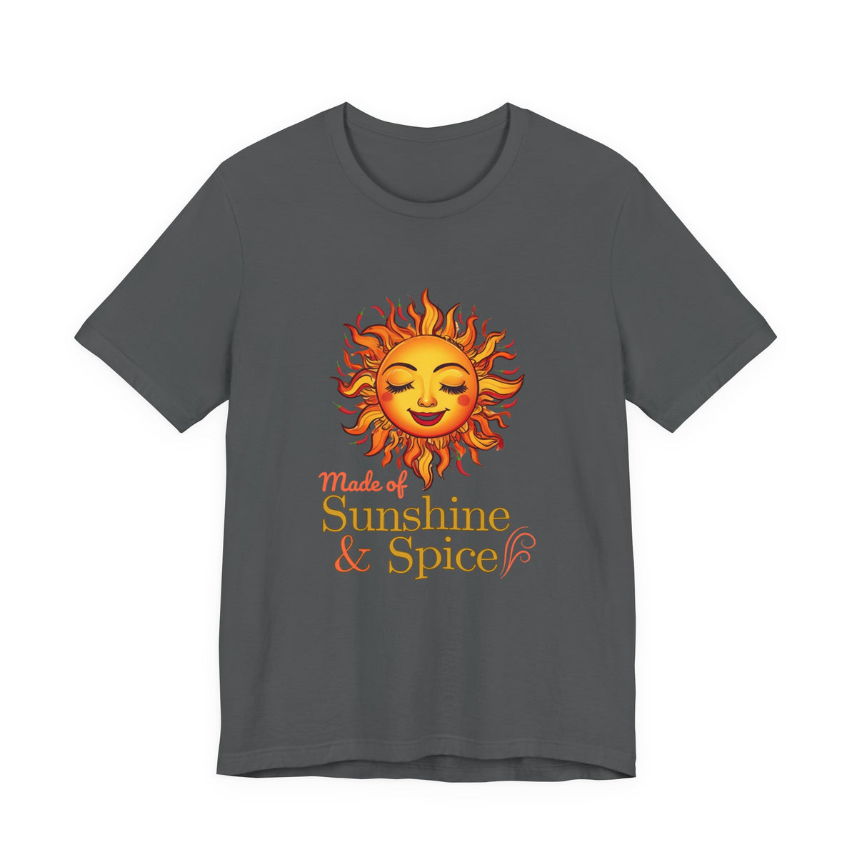 Fire & Sunshine unisex graphic T-shirt in Asphalt with fiery sun and chili pepper design