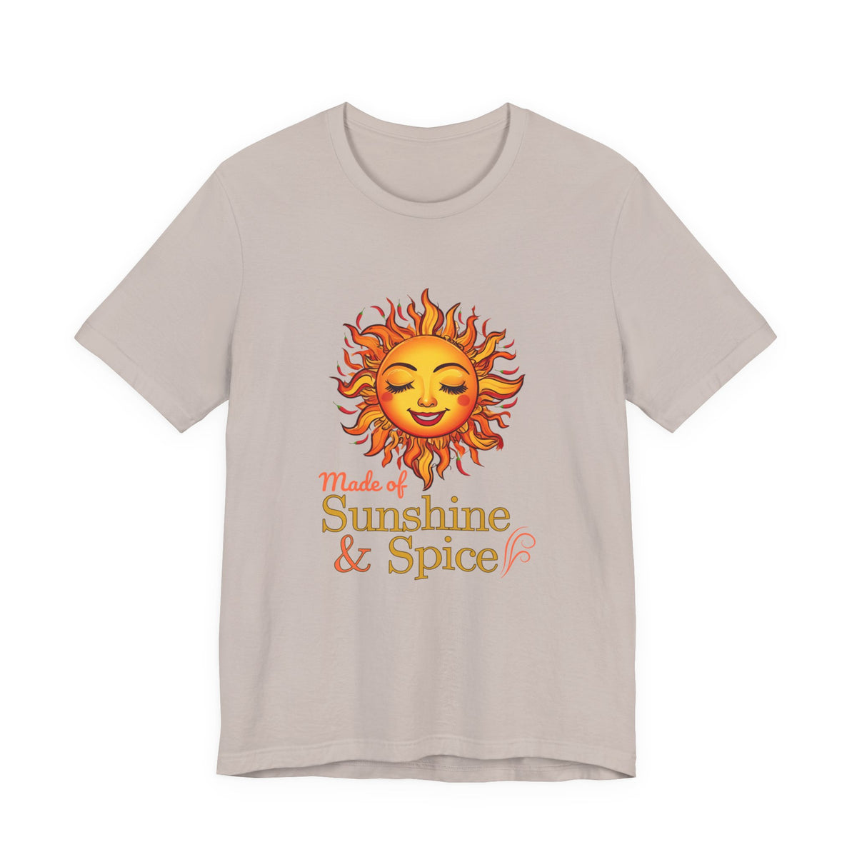 Fire & Sunshine unisex graphic T-shirt in Heather Stone with fiery sun and chili pepper design