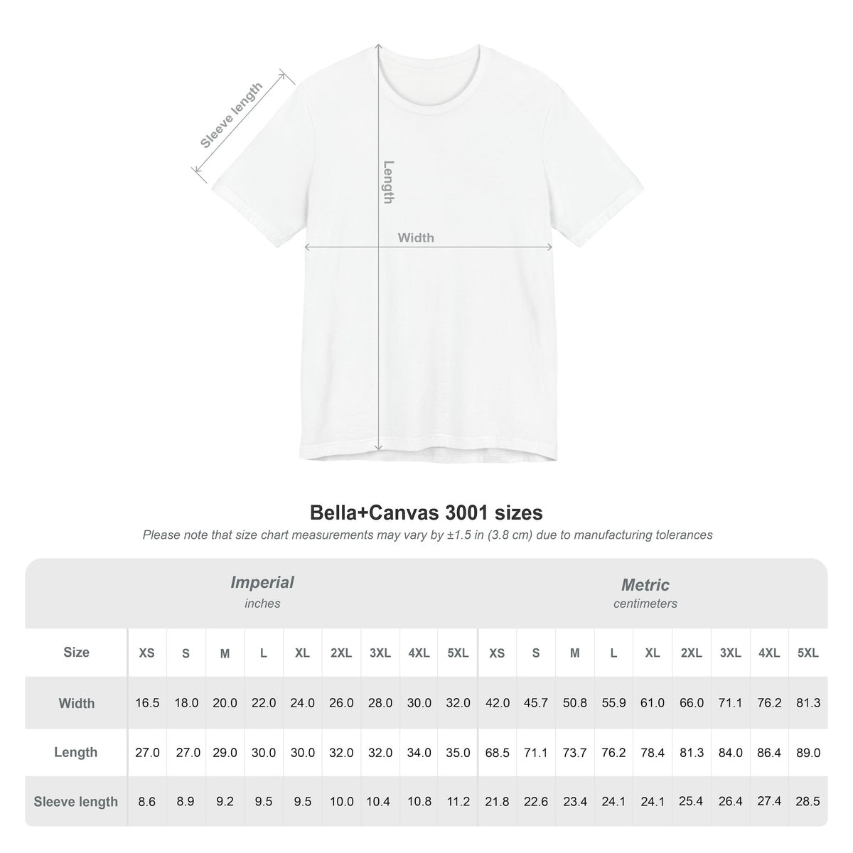 Bella+Canvas 3001 unisex T-shirt size chart for Fire & Sunshine graphic tee