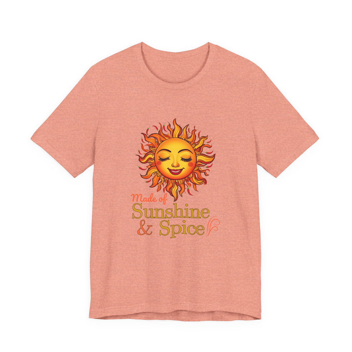 Fire & Sunshine unisex graphic T-shirt in Heather Sunset with fiery sun and chili pepper design