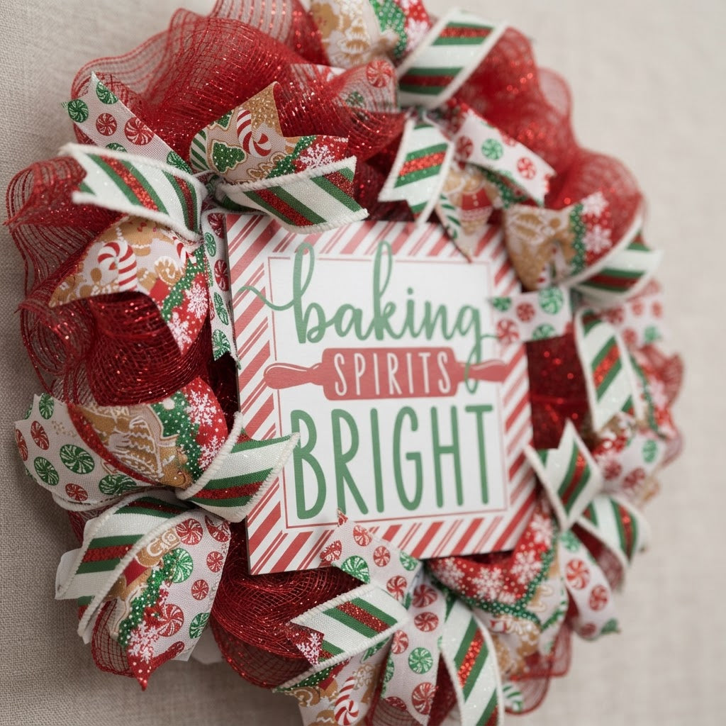 Angled view of handmade Christmas wreath with red mesh and holiday baking ribbon