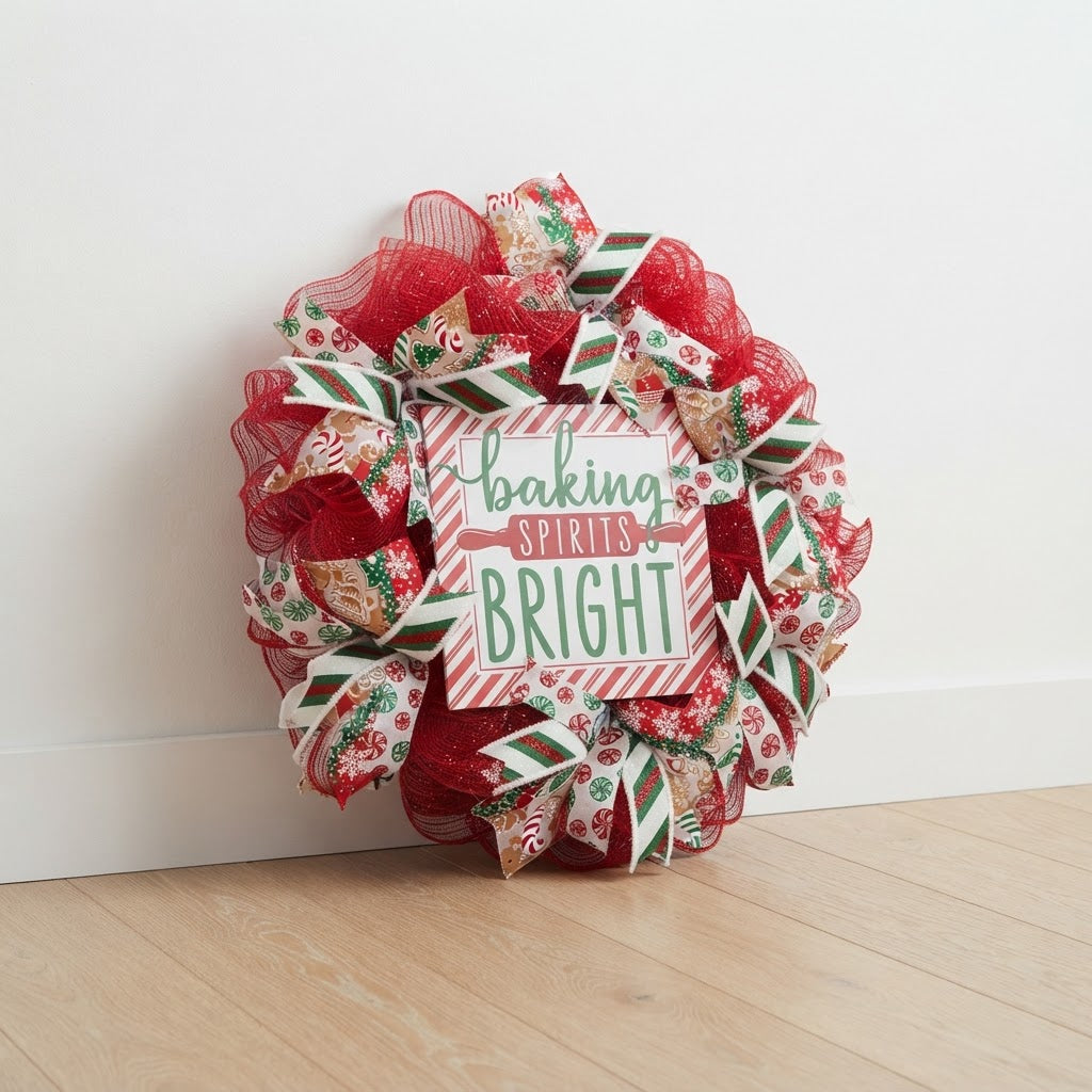 Handmade red and green Christmas baking wreath displayed indoors