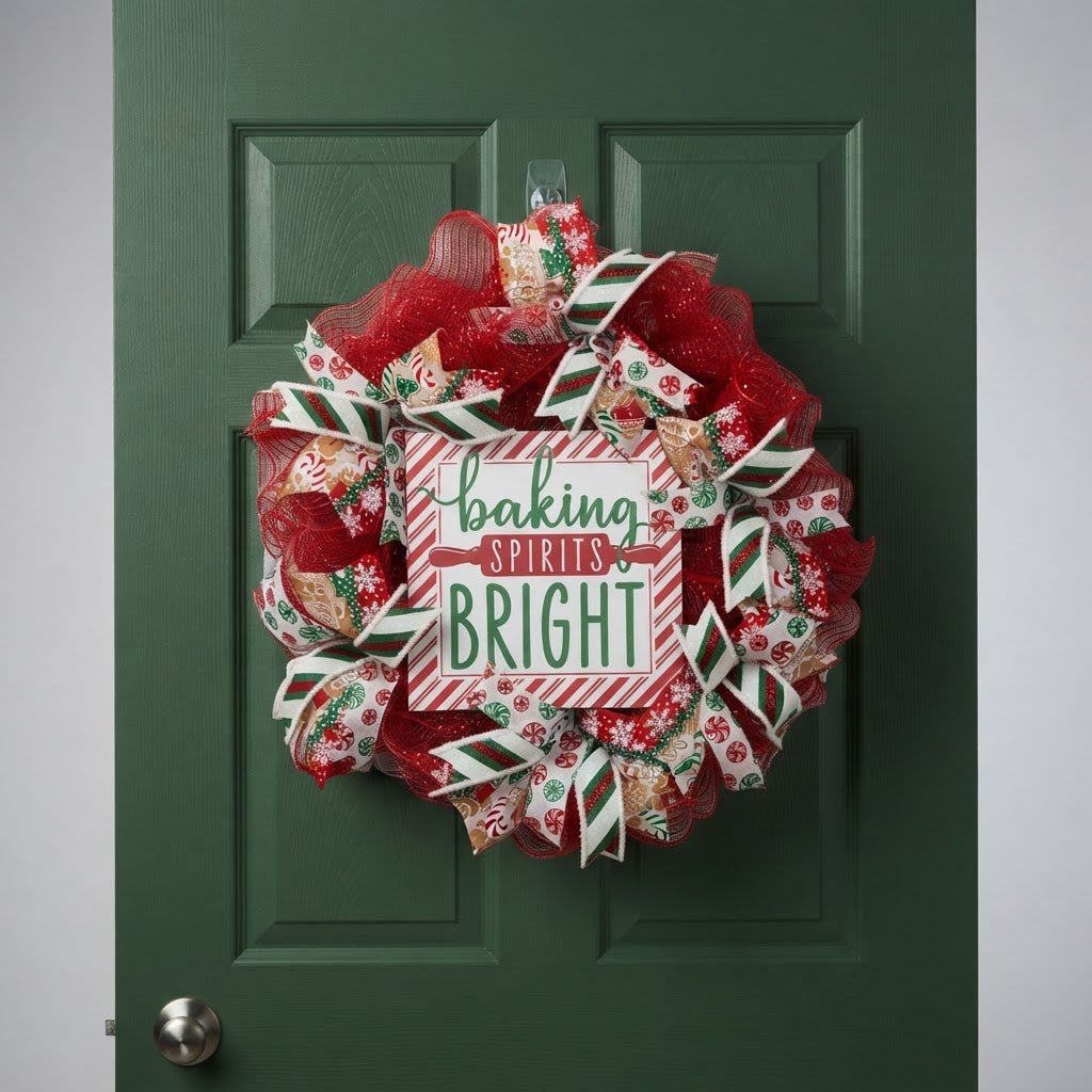 Christmas gingerbread wreath displayed on dark green front door