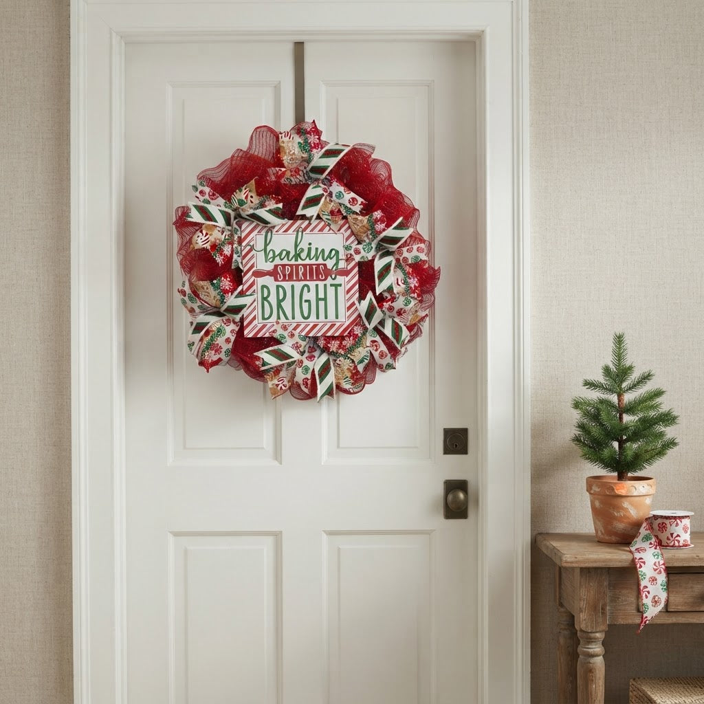 Handmade gingerbread Christmas wreath displayed on white front door