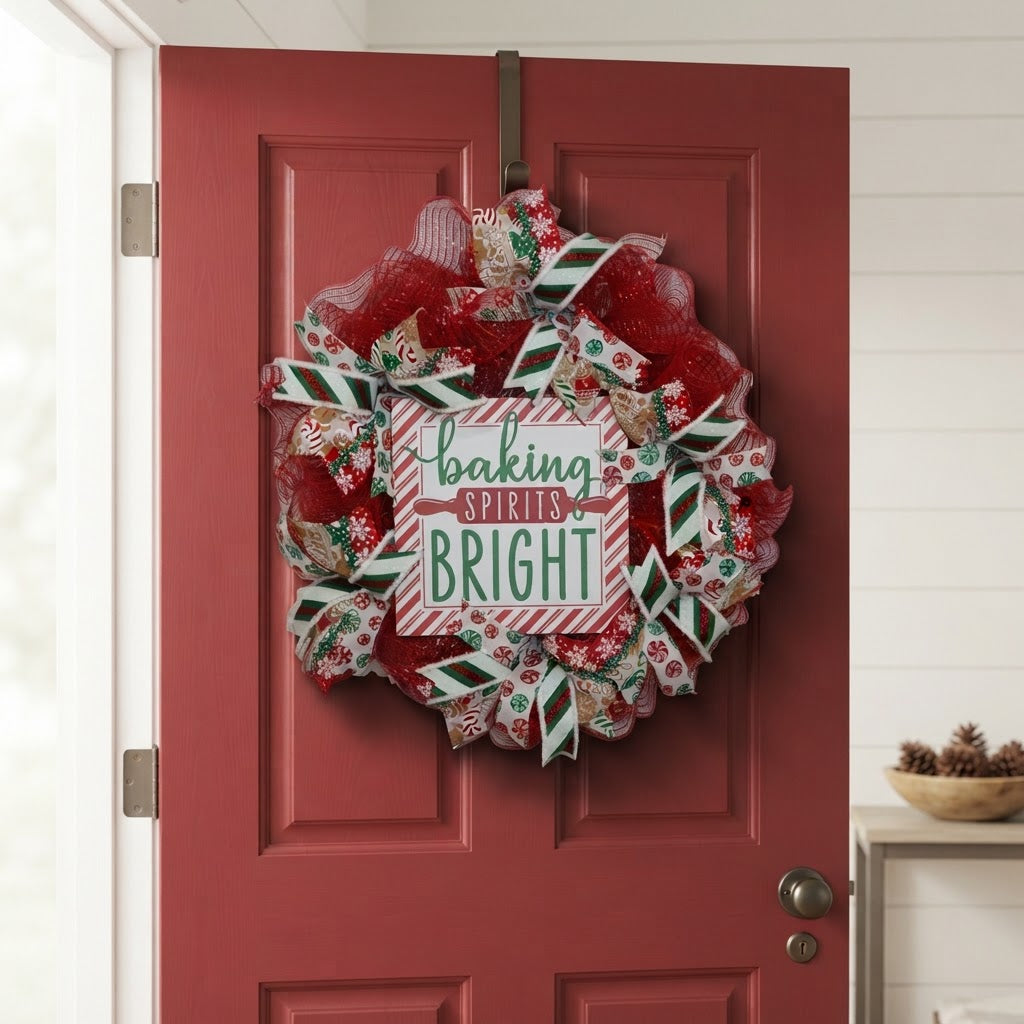 Close-up of Christmas baking wreath sign with red mesh and holiday ribbon
