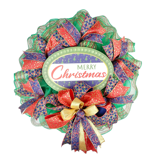 Merry Christmas jewel-tone wreath with green mesh and red blue and gold ribbon