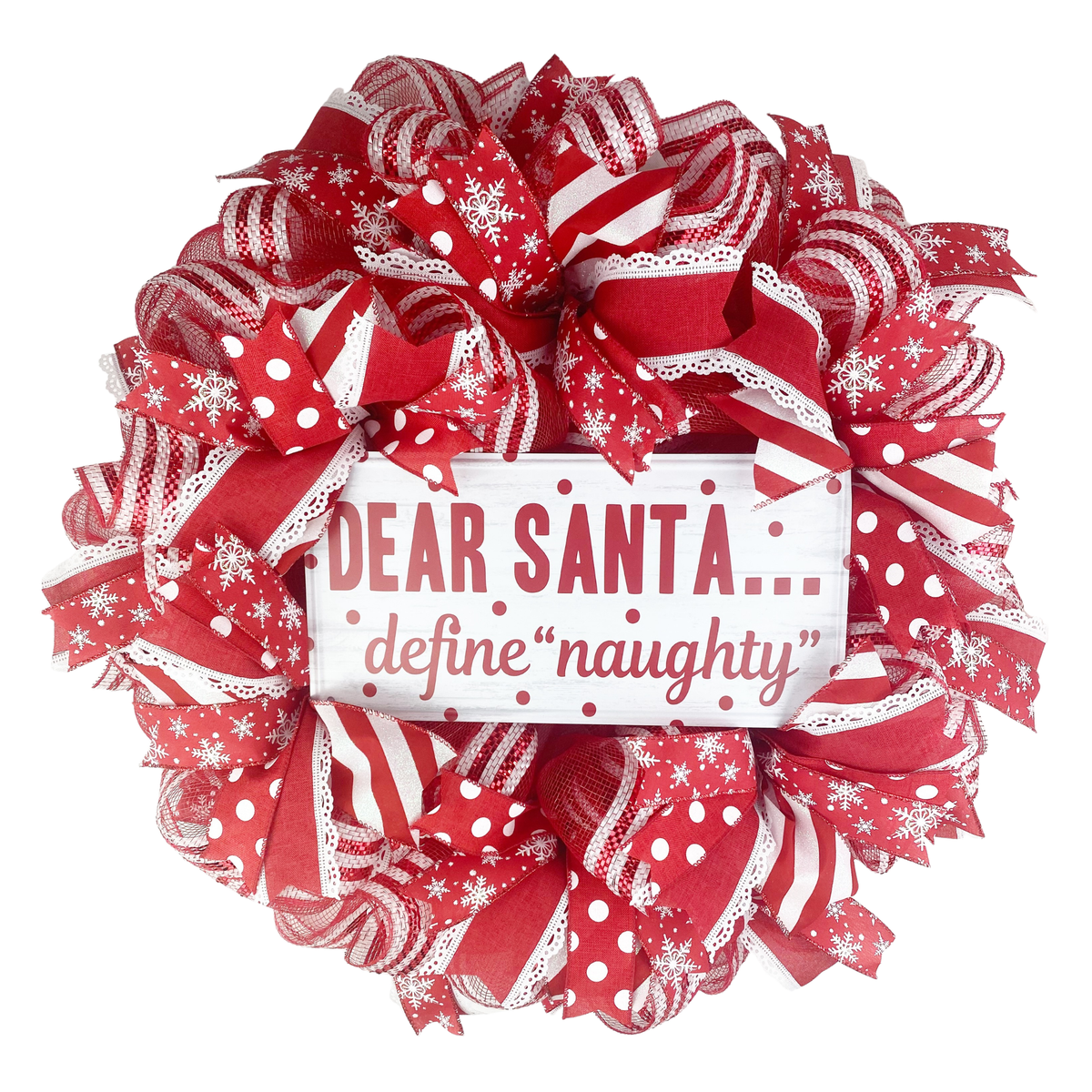 Red and white handmade Christmas wreath with festive ribbon and holiday sign