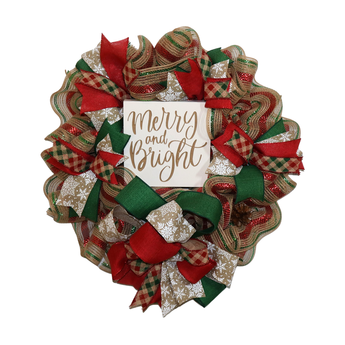 Handmade Merry and Bright Christmas wreath with red green and natural deco mesh