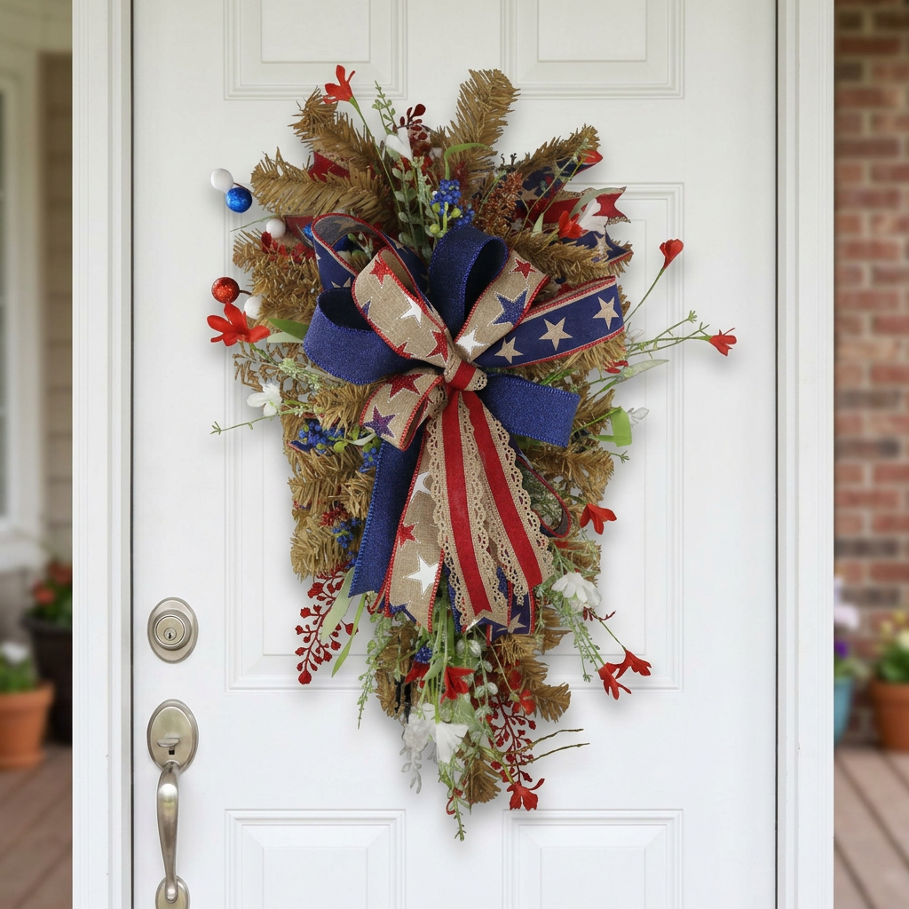 Handmade patriotic teardrop swag displayed on a white front door