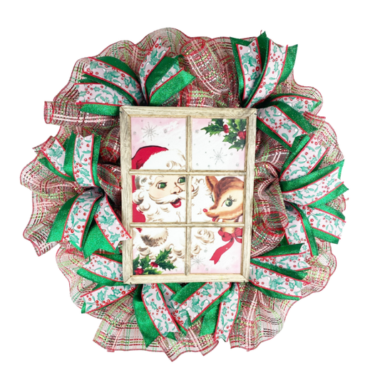 Vintage Santa and reindeer Christmas wreath with red green and white deco mesh