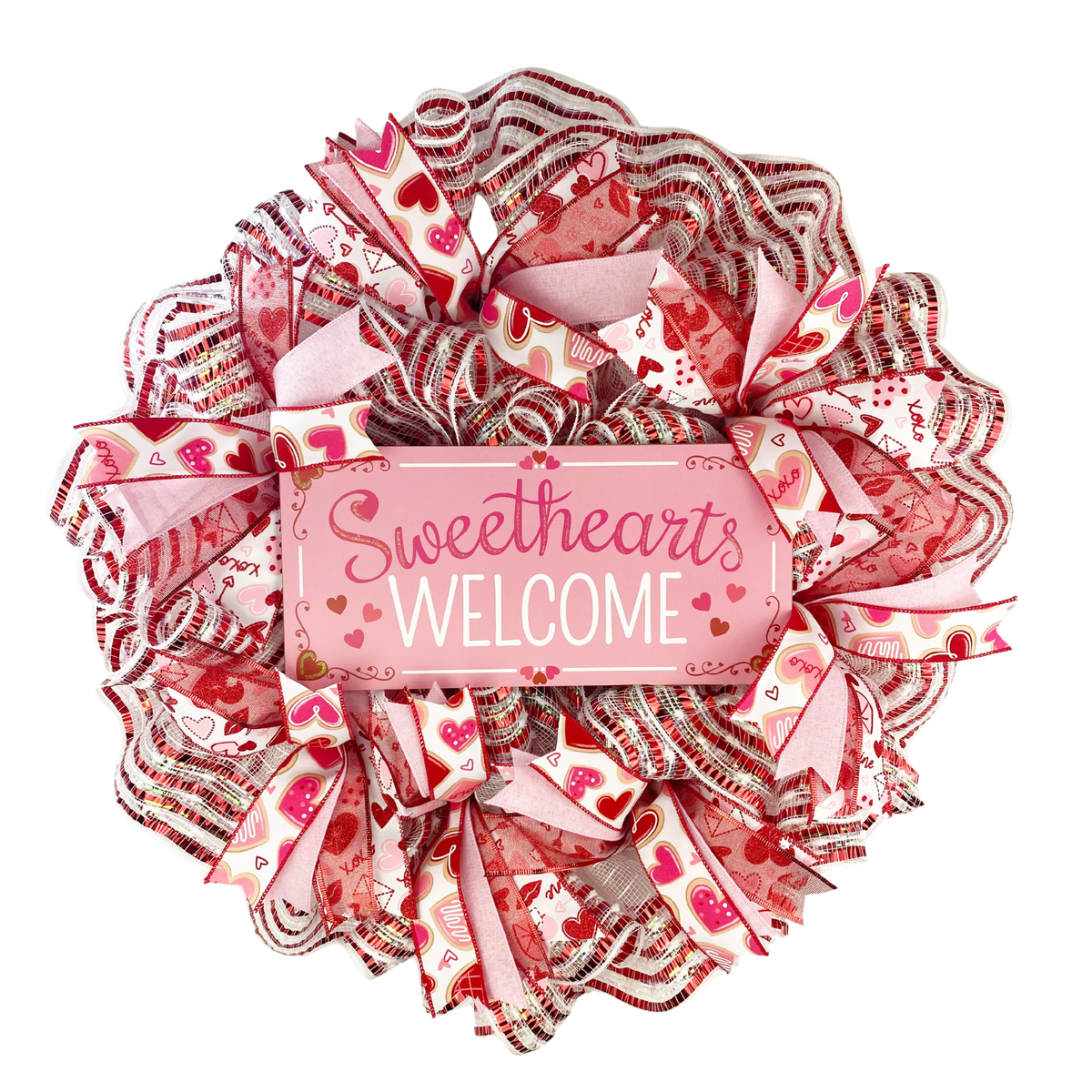 Sweethearts Welcome handmade pink and red Valentine's Day mesh wreath