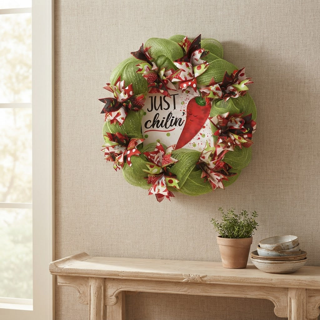 Chili wreath displayed as colorful indoor home decor