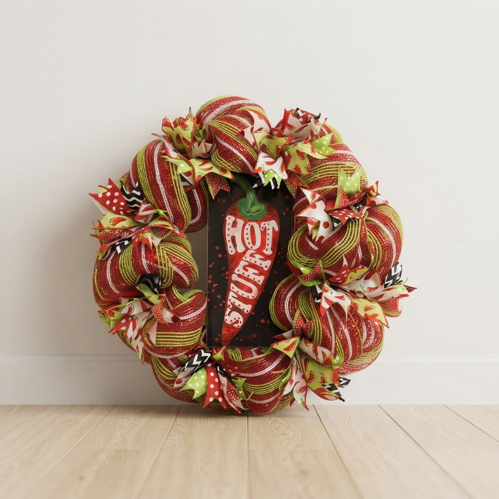 Handmade chili pepper wreath with red and lime green mesh displayed in a neutral setting