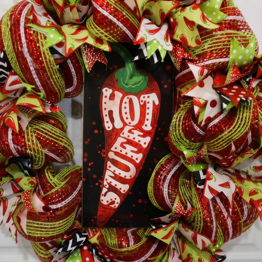 Close-up of chili pepper sign surrounded by red and lime green wreath