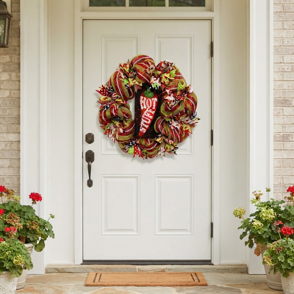 Chili wreath displayed on a white front door and porch