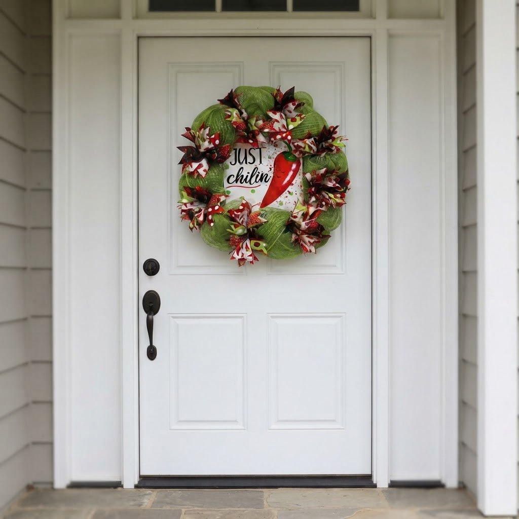 Chili pepper wreath displayed on white front door
