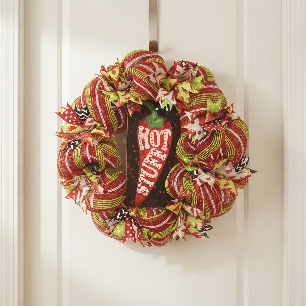 Chili pepper wreath displayed on a white interior door