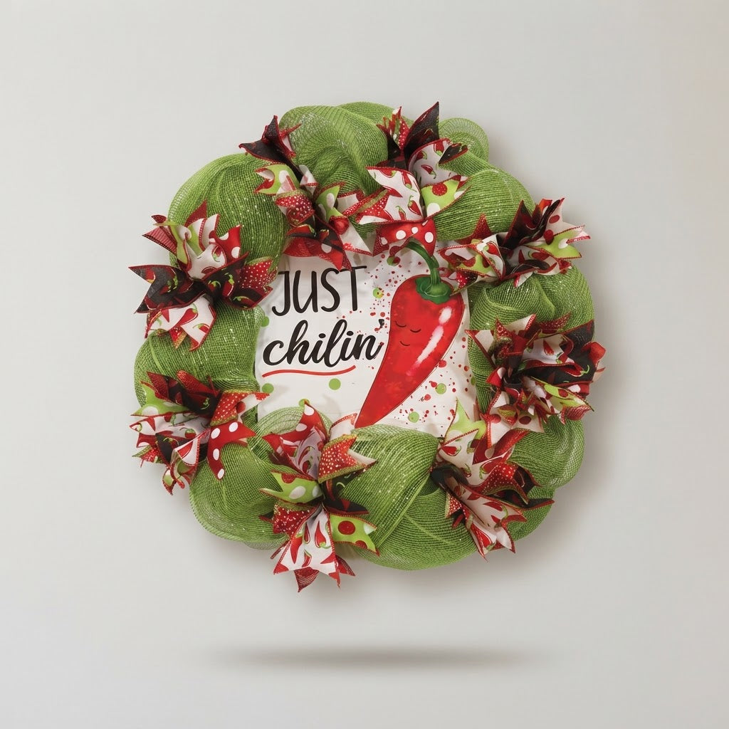 Chili pepper wreath with green deco mesh and red chili pepper ribbon