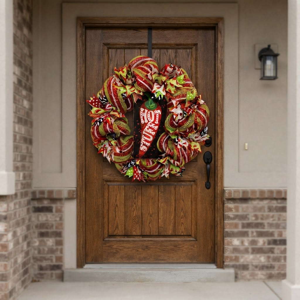 Red and lime green chili pepper wreath displayed on a brown front door