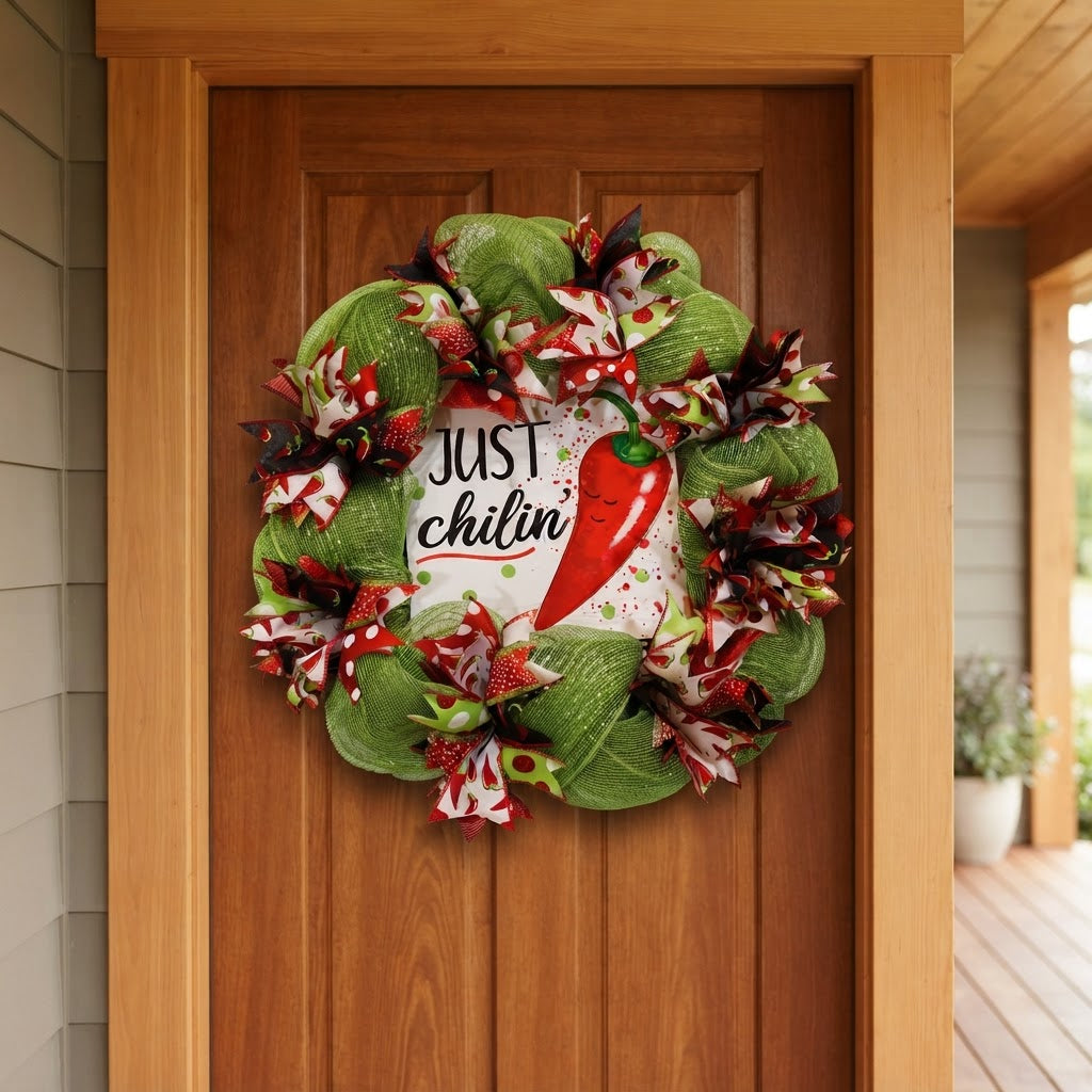 Chili pepper wreath displayed on wood front door