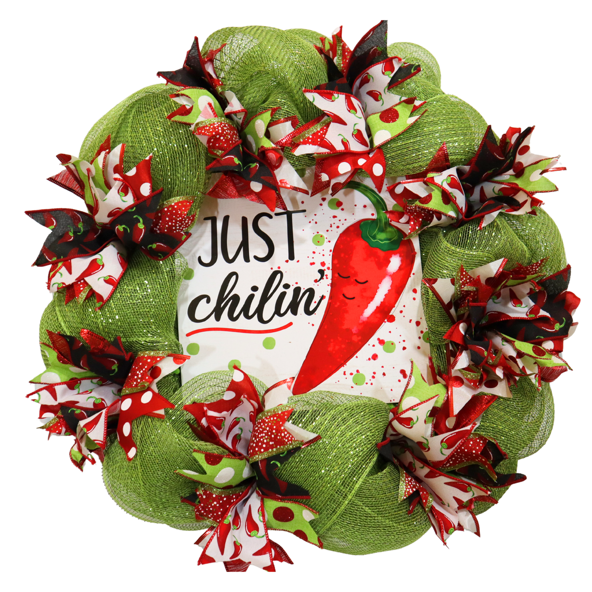Chili pepper wreath with green deco mesh and red chili pepper ribbon