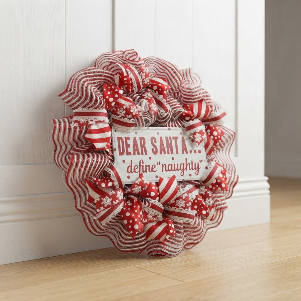 Angled view of full red and white Christmas mesh wreath