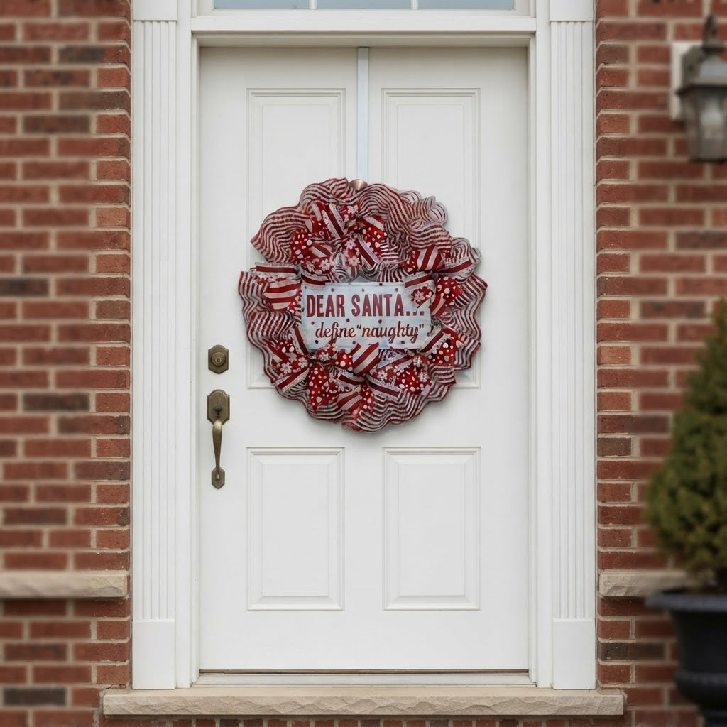 Red and white Christmas wreath displayed on white front door