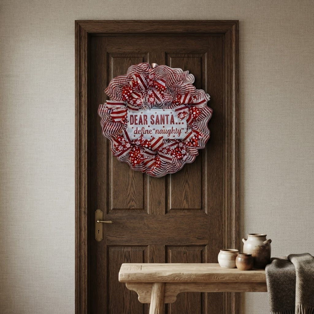 Red and white Christmas mesh wreath displayed on dark wood door