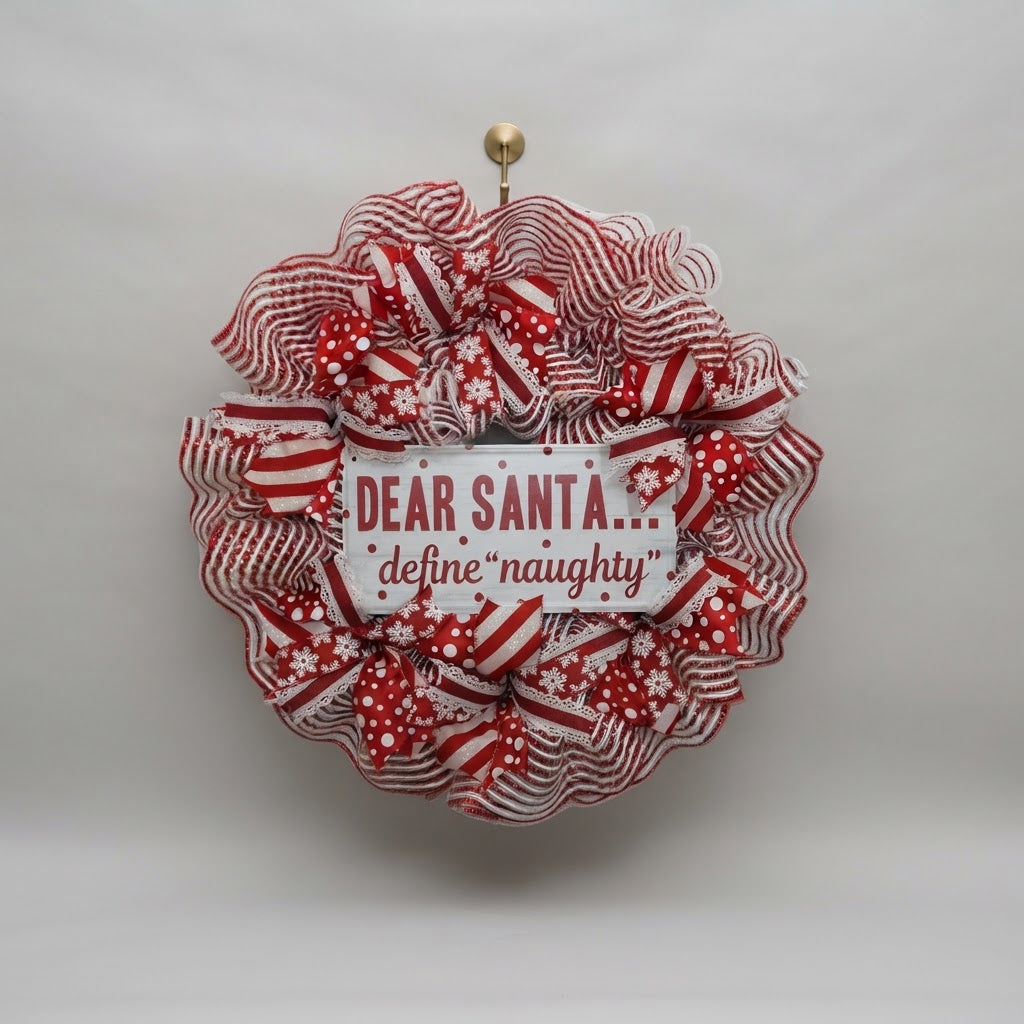 Red and white Christmas mesh wreath displayed against neutral background