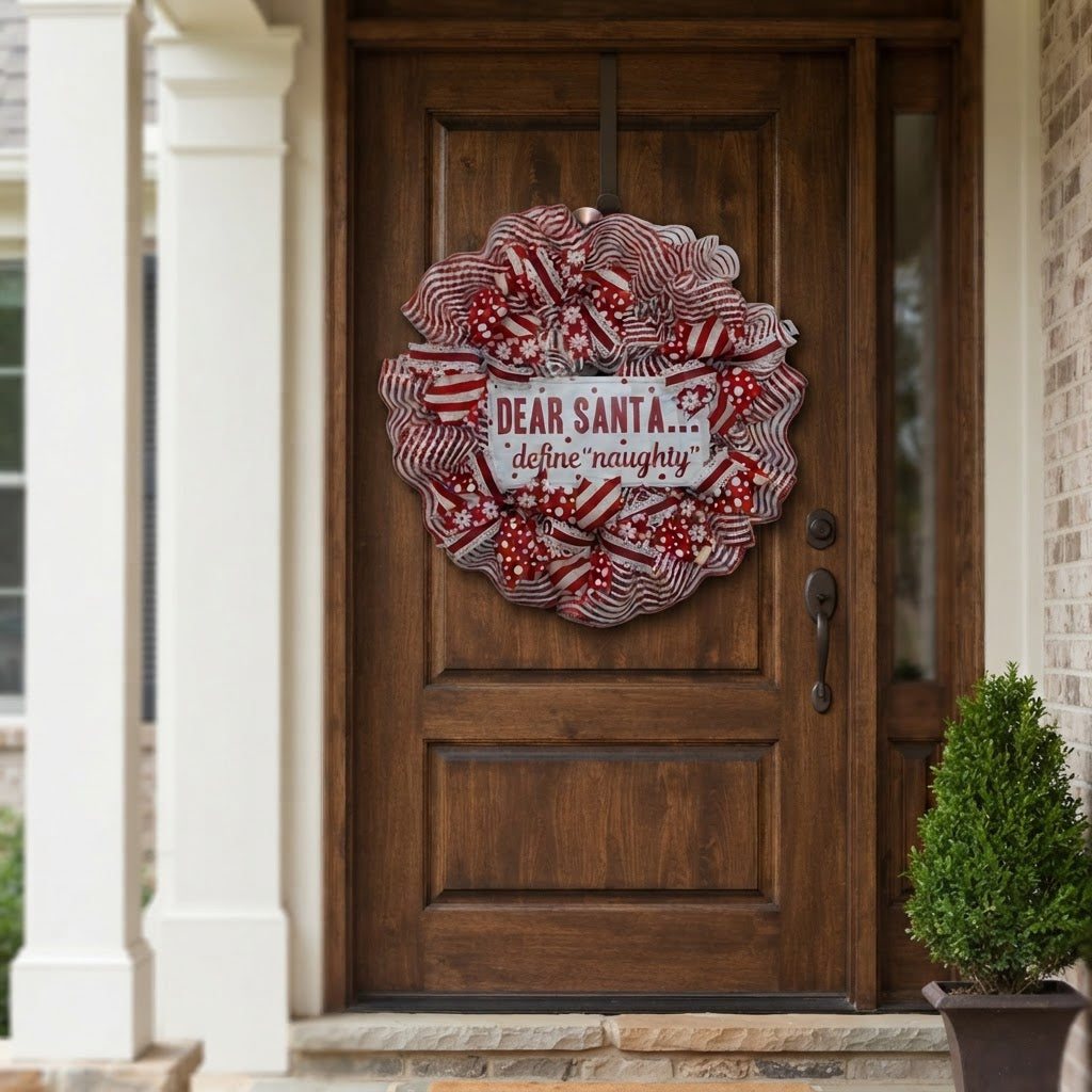 Festive red and white Christmas wreath displayed on wood front door