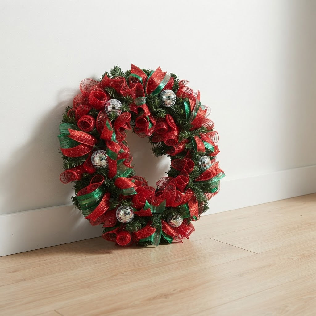 Handmade Christmas disco ball wreath with red green and silver holiday accents